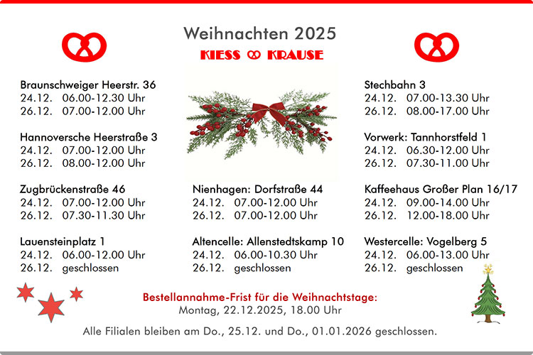 Kiess & Krause: Weihnachten 2025 Öffnungszeiten